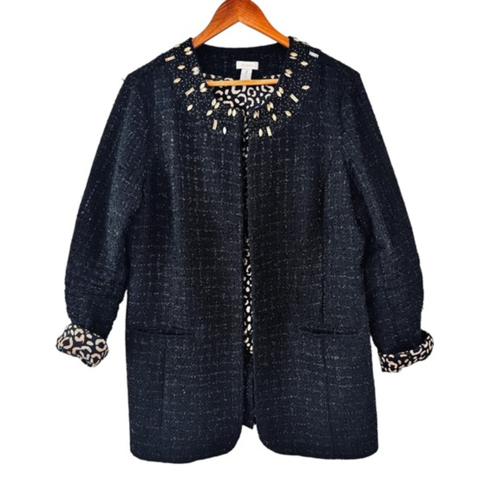 Chicos Tweed Rhinestone‎ Jacket Size 2/L Black Leopard Lined Embellished
